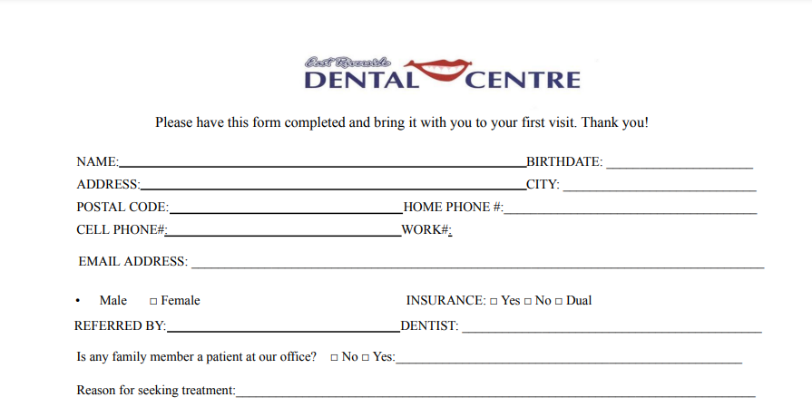 Health history form, top half of page.